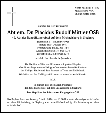 Anzeige von Rudolf Mittler von Kölner Stadt-Anzeiger / Kölnische Rundschau / Express