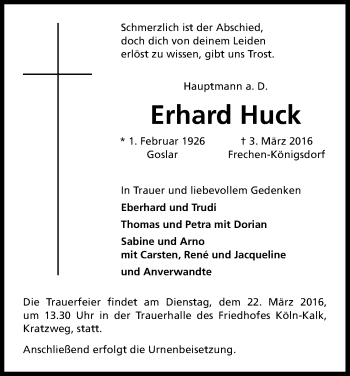 Anzeige von Erhard Huck von Kölner Stadt-Anzeiger / Kölnische Rundschau / Express