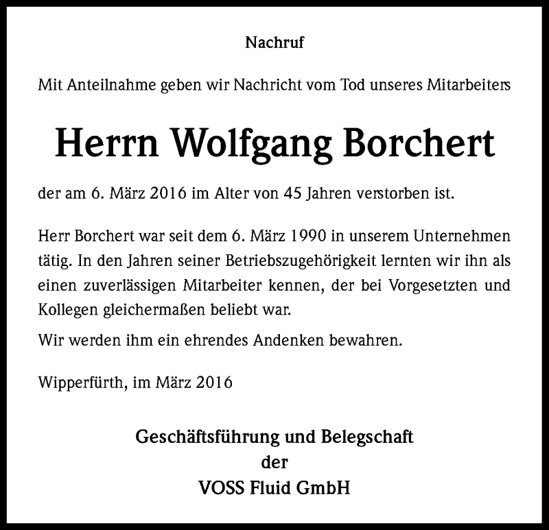  Traueranzeige für Wolfgang Borchert vom 11.03.2016 aus Kölner Stadt-Anzeiger / Kölnische Rundschau / Express