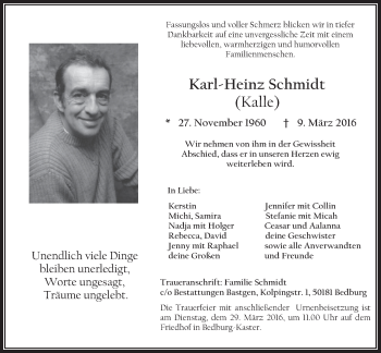 Anzeige von Karl-Heinz Schmidt von  Sonntags-Post 