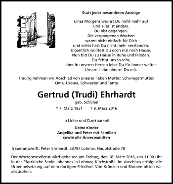 Anzeige von Gertrud Trudi Ehrhardt von Kölner Stadt-Anzeiger / Kölnische Rundschau / Express