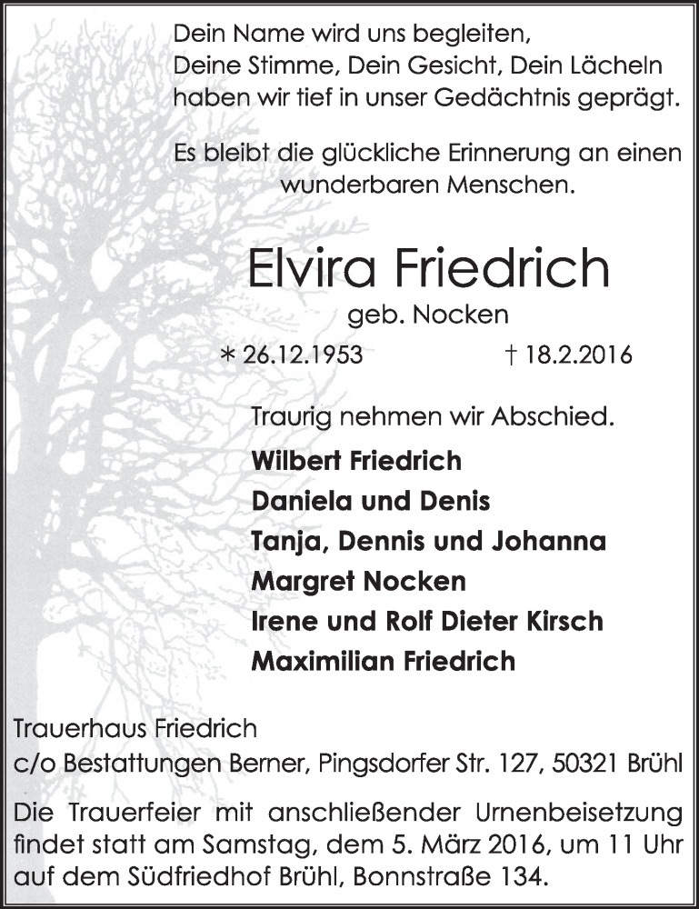  Traueranzeige für Elvira Friedrich vom 02.03.2016 aus  Schlossbote/Werbekurier 