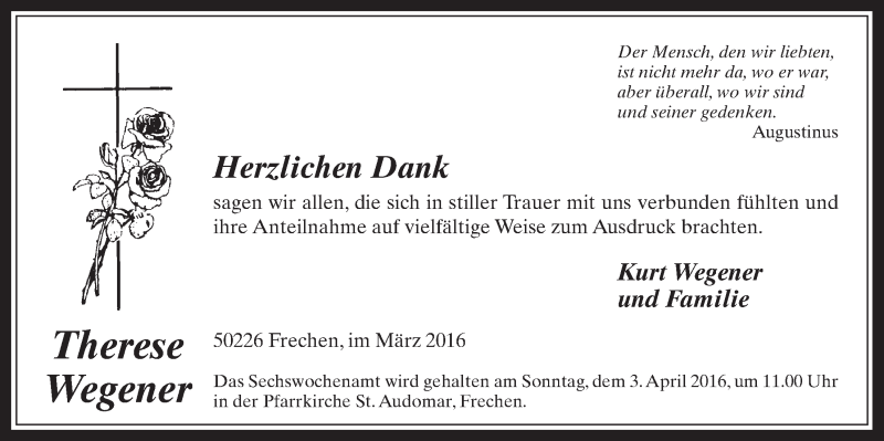  Traueranzeige für Therese Wegener vom 30.03.2016 aus  Wochenende 