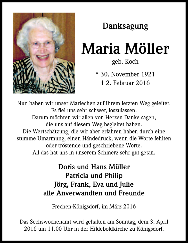  Traueranzeige für Maria Möller vom 26.03.2016 aus Kölner Stadt-Anzeiger / Kölnische Rundschau / Express