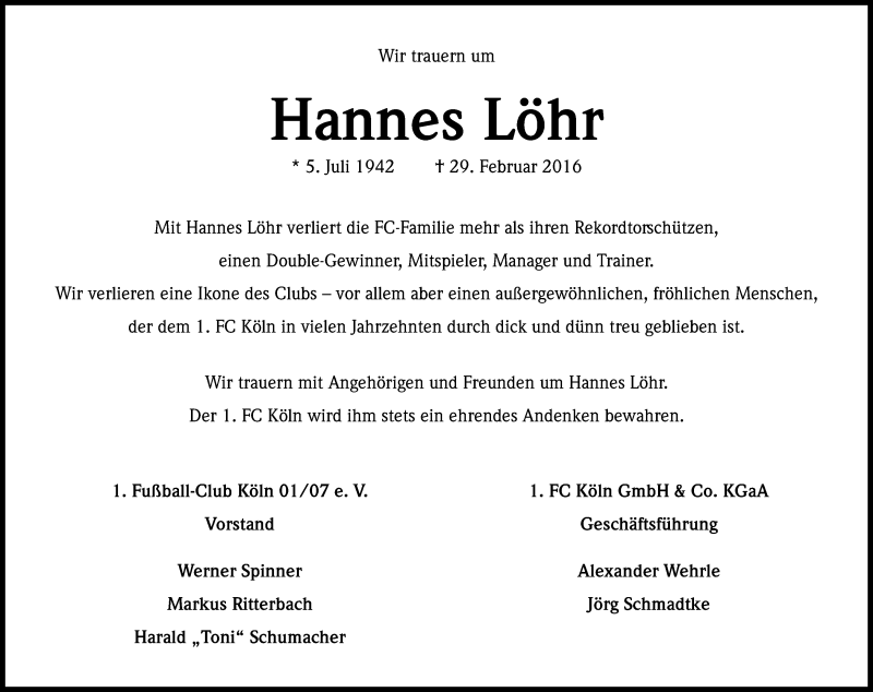  Traueranzeige für Hannes Löhr vom 05.03.2016 aus Kölner Stadt-Anzeiger / Kölnische Rundschau / Express