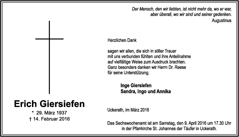  Traueranzeige für Erich Giersiefen vom 23.03.2016 aus  Extra Blatt 
