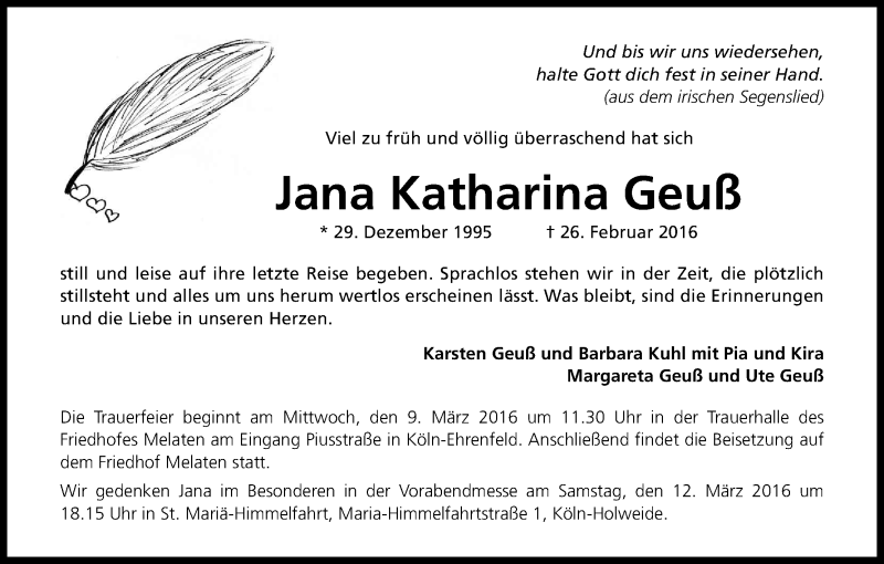  Traueranzeige für Jana Geuß vom 05.03.2016 aus Kölner Stadt-Anzeiger / Kölnische Rundschau / Express