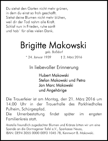Anzeige von Brigitte Makowski von  Sonntags-Post 