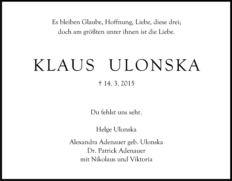  Traueranzeige für Klaus Ulonska vom 12.03.2016 aus Kölner Stadt-Anzeiger / Kölnische Rundschau / Express