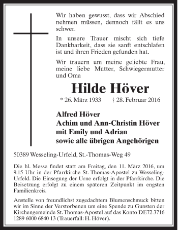 Anzeige von Hilde Höver von  Schlossbote/Werbekurier 