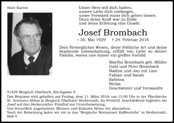 Anzeige von Josef Brombach von Kölner Stadt-Anzeiger / Kölnische Rundschau / Express