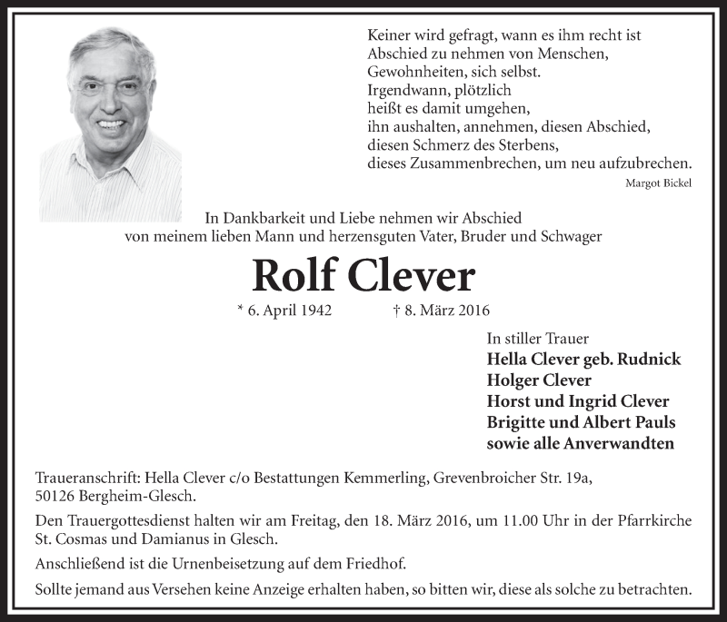  Traueranzeige für Rolf Clever vom 12.03.2016 aus  Sonntags-Post 