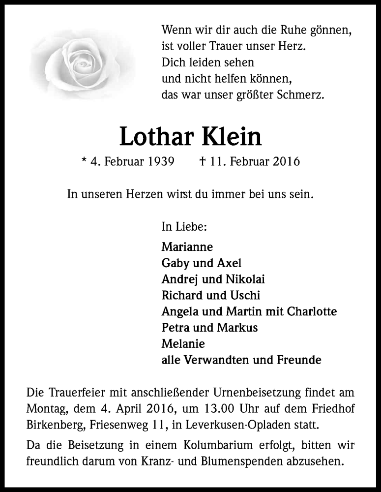  Traueranzeige für Lothar Klein vom 30.03.2016 aus Kölner Stadt-Anzeiger / Kölnische Rundschau / Express