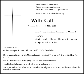 Anzeige von Willi Koll von Kölner Stadt-Anzeiger / Kölnische Rundschau / Express