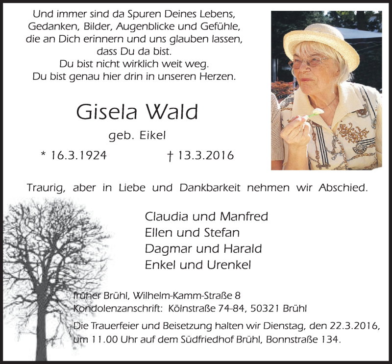  Traueranzeige für Gisela Wald vom 16.03.2016 aus  Schlossbote/Werbekurier 