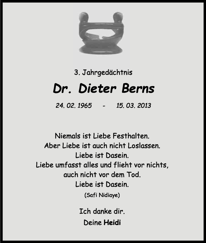  Traueranzeige für Dieter Berns vom 15.03.2016 aus Kölner Stadt-Anzeiger / Kölnische Rundschau / Express