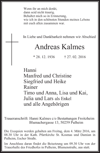 Anzeige von Andreas Kalmes von  Wochenende 