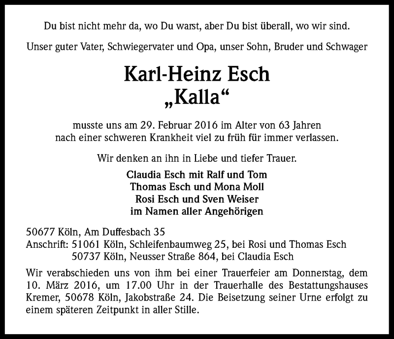  Traueranzeige für Karl-Heinz Esch vom 05.03.2016 aus Kölner Stadt-Anzeiger / Kölnische Rundschau / Express