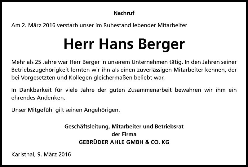  Traueranzeige für Hans Berger vom 10.03.2016 aus Kölner Stadt-Anzeiger / Kölnische Rundschau / Express