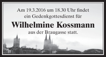 Anzeige von Wilhelmine Kossmann von  Kölner Wochenspiegel 