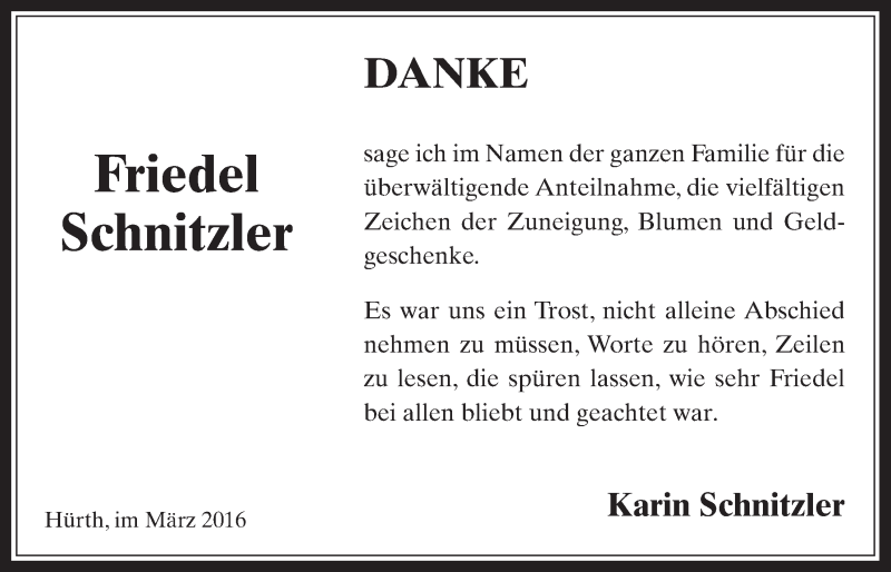  Traueranzeige für Friedel Schnitzler vom 09.03.2016 aus  Wochenende 