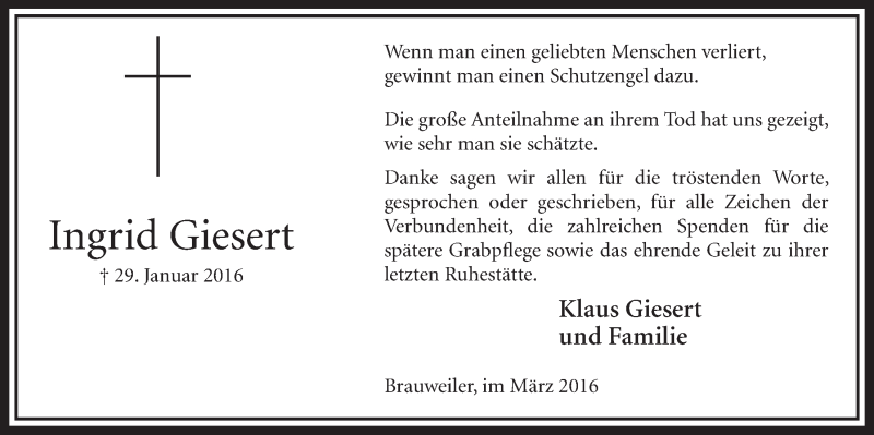  Traueranzeige für Ingrid Giesert vom 12.03.2016 aus  Sonntags-Post 