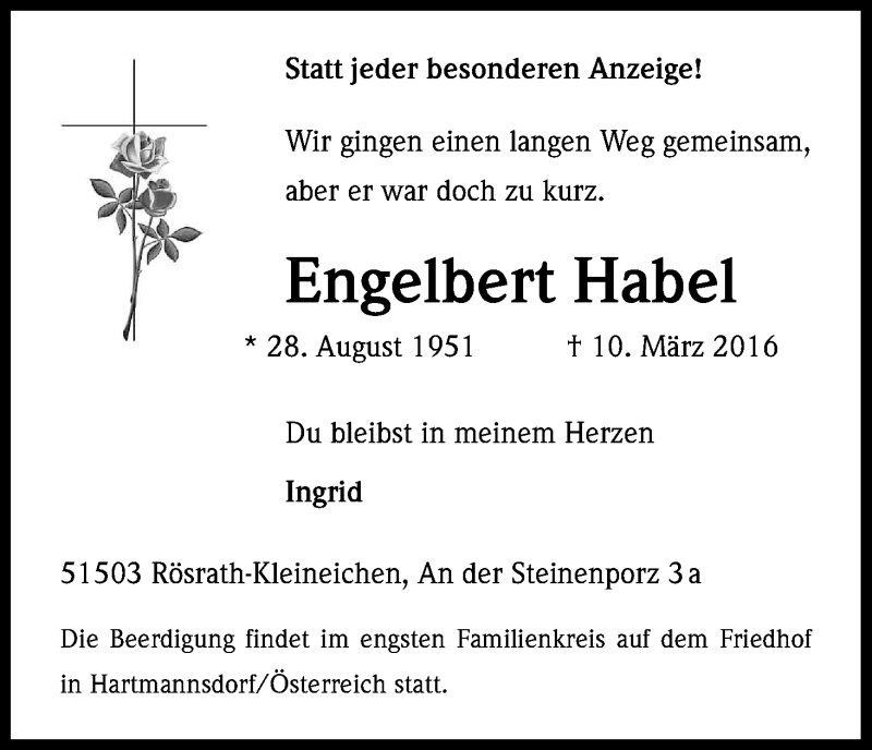  Traueranzeige für Engelbert Habel vom 19.03.2016 aus Kölner Stadt-Anzeiger / Kölnische Rundschau / Express