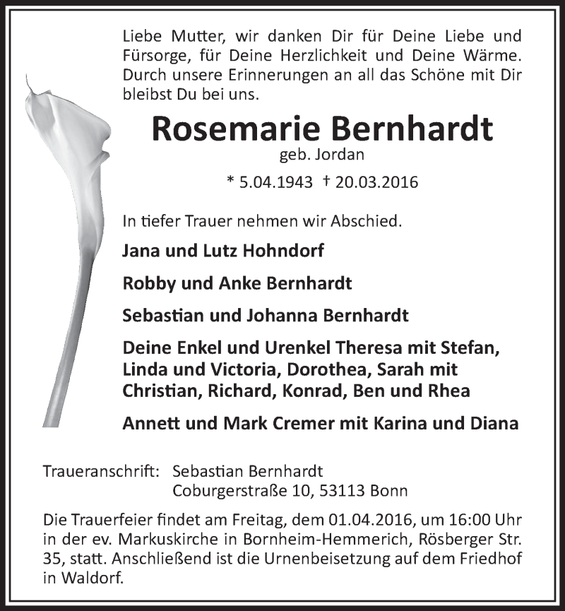  Traueranzeige für Rosemarie Bernhardt vom 23.03.2016 aus  Schlossbote/Werbekurier 