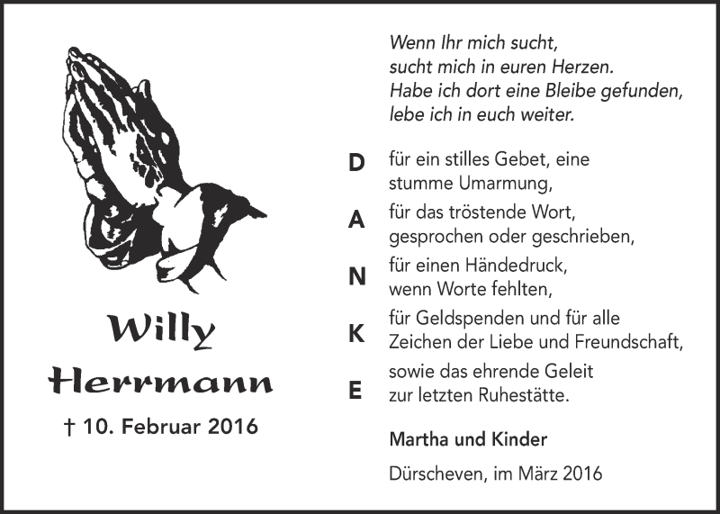  Traueranzeige für Willy Herrmann vom 20.03.2016 aus  Blickpunkt Euskirchen 