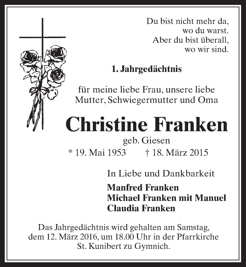  Traueranzeige für Christine Franken vom 09.03.2016 aus  Werbepost 
