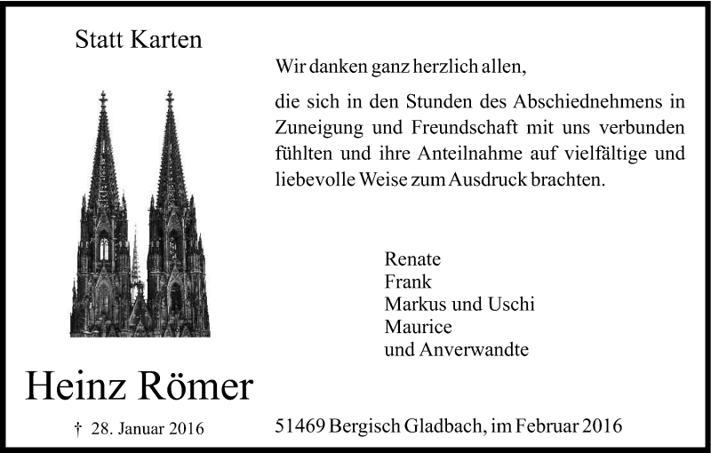  Traueranzeige für Heinz Römer vom 05.03.2016 aus Kölner Stadt-Anzeiger / Kölnische Rundschau / Express