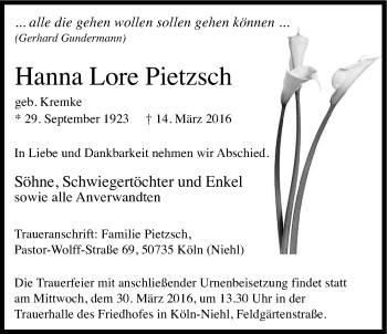 Anzeige von Hanna Lore Pietzsch von Kölner Stadt-Anzeiger / Kölnische Rundschau / Express