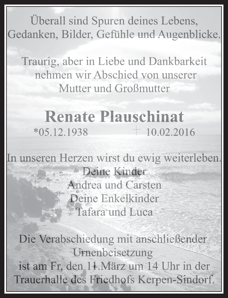  Traueranzeige für Renate Plauschinat vom 02.03.2016 aus  Werbepost 
