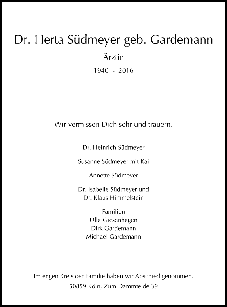  Traueranzeige für Herta Südmeyer vom 19.03.2016 aus Kölner Stadt-Anzeiger / Kölnische Rundschau / Express