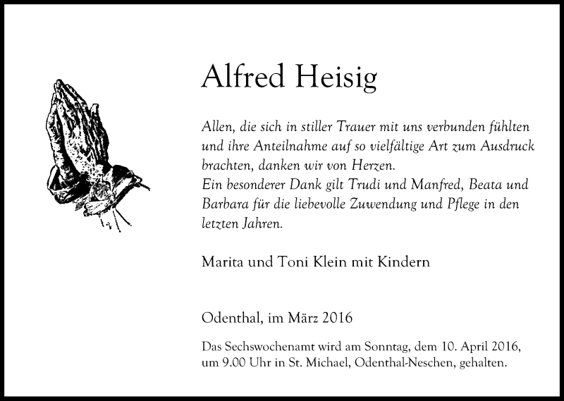  Traueranzeige für Alfred Heisig vom 26.03.2016 aus Kölner Stadt-Anzeiger / Kölnische Rundschau / Express