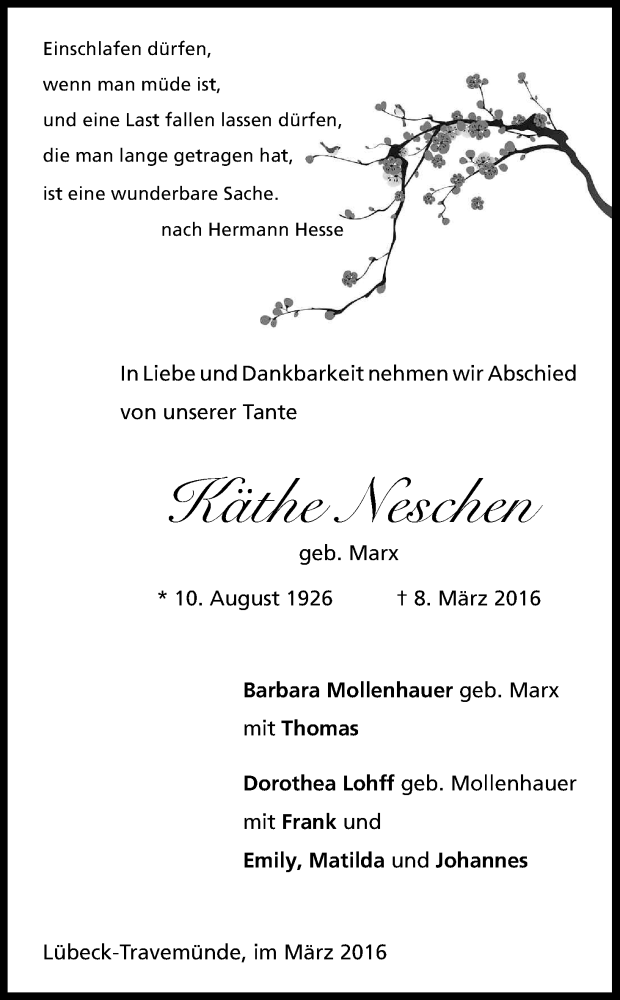  Traueranzeige für Käthe Neschen vom 30.03.2016 aus Kölner Stadt-Anzeiger / Kölnische Rundschau / Express