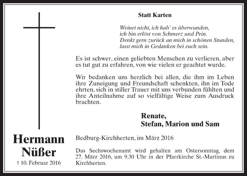  Traueranzeige für Hermann NÃ¼ÃŸer vom 16.03.2016 aus  Werbepost 