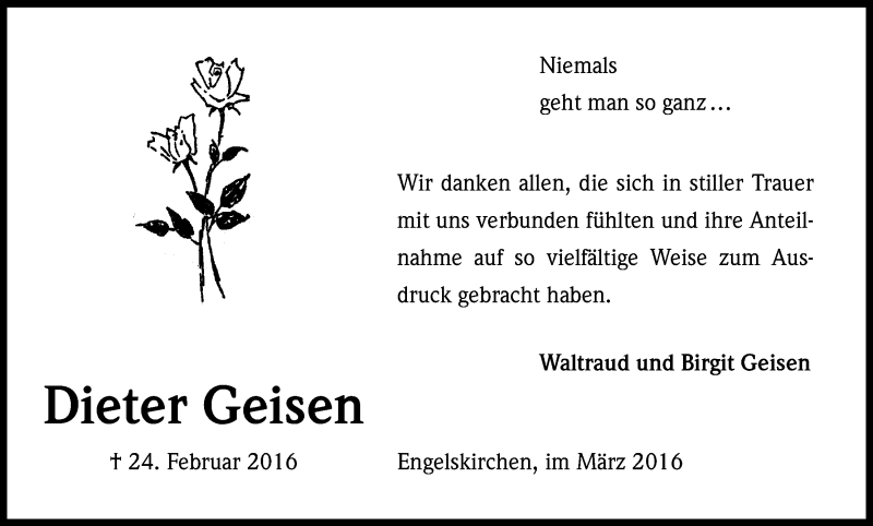  Traueranzeige für Dieter Geisen vom 19.03.2016 aus Kölner Stadt-Anzeiger / Kölnische Rundschau / Express