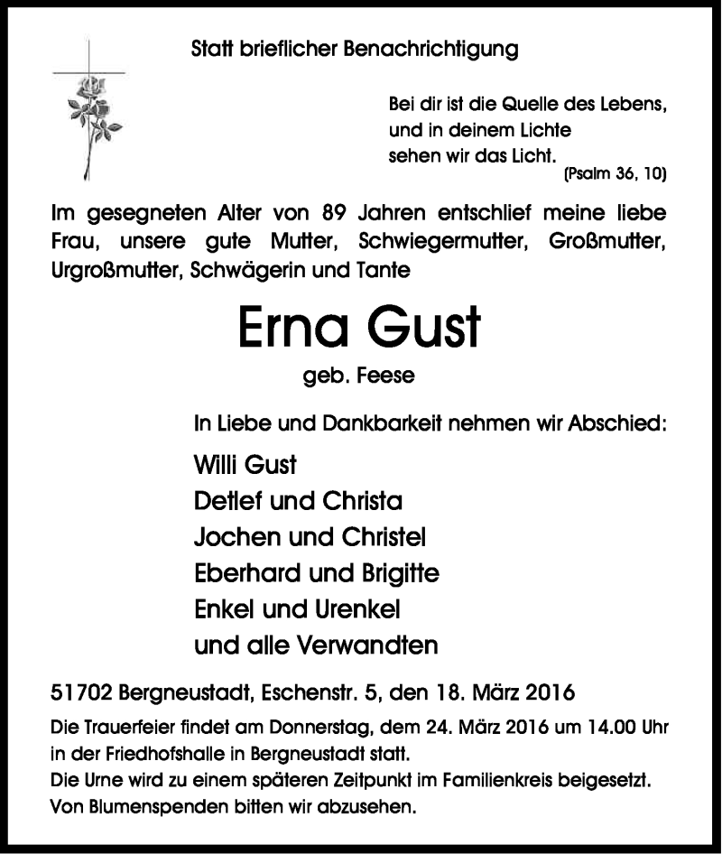  Traueranzeige für Erna Gust vom 22.03.2016 aus Kölner Stadt-Anzeiger / Kölnische Rundschau / Express