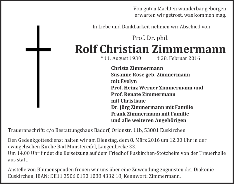  Traueranzeige für Rolf Christian Zimmermann vom 06.03.2016 aus  Blickpunkt Euskirchen 
