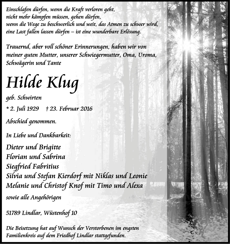  Traueranzeige für Hilde Klug vom 05.03.2016 aus Kölner Stadt-Anzeiger / Kölnische Rundschau / Express