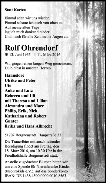 Anzeige von Rolf Ohrendorf von Kölner Stadt-Anzeiger / Kölnische Rundschau / Express
