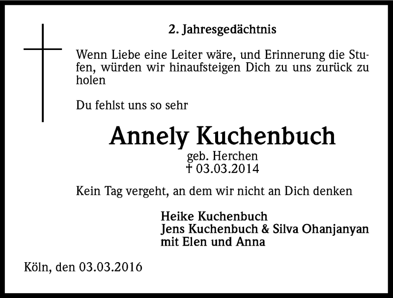  Traueranzeige für Annely Kuchenbuch vom 03.03.2016 aus Kölner Stadt-Anzeiger / Kölnische Rundschau / Express