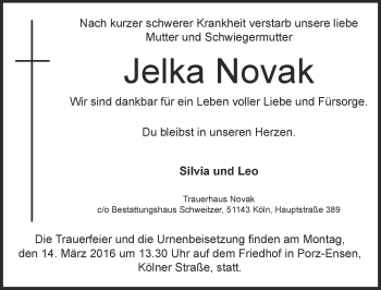 Anzeige von Jelka Novak von  Kölner Wochenspiegel 
