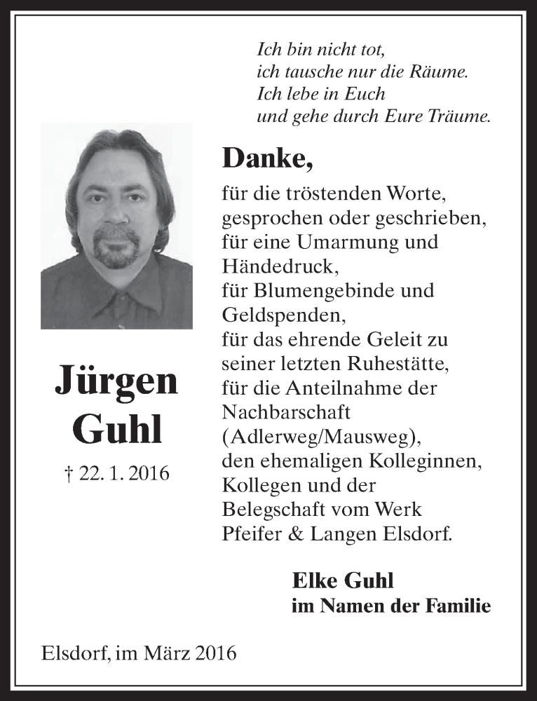  Traueranzeige für Jürgen Guhl vom 02.03.2016 aus  Werbepost 