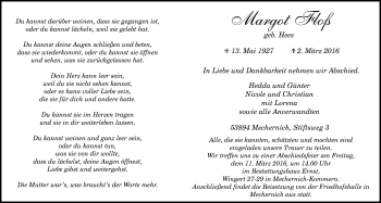 Anzeige von Margot Floß von  Blickpunkt Euskirchen 