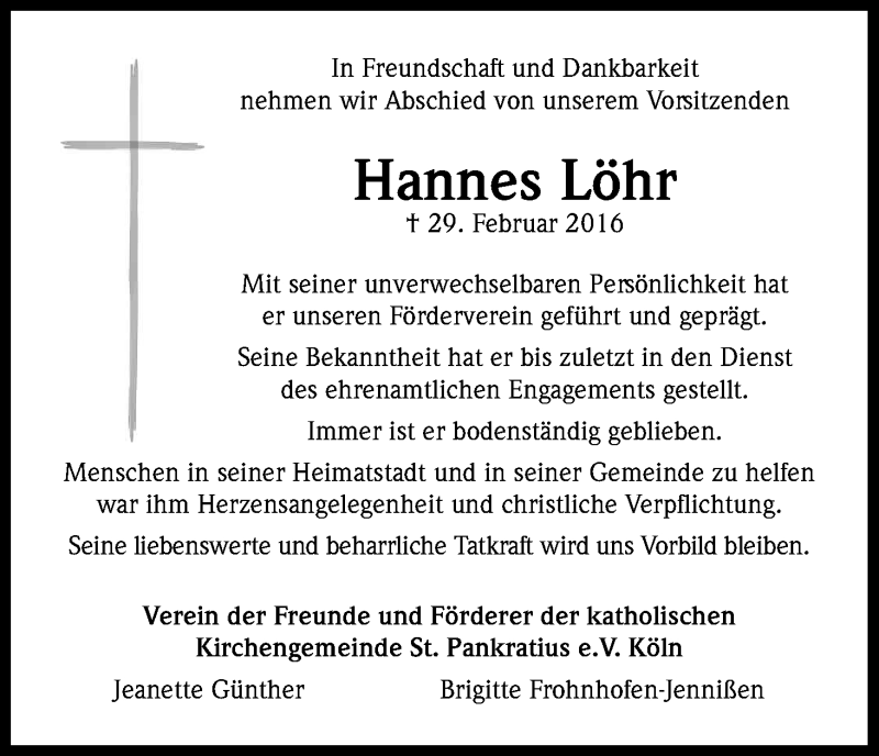  Traueranzeige für Hannes Löhr vom 05.03.2016 aus Kölner Stadt-Anzeiger / Kölnische Rundschau / Express