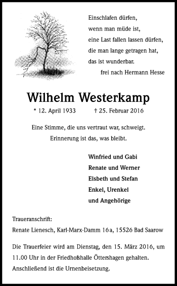 Anzeige von Wilhelm Westerkamp von Kölner Stadt-Anzeiger / Kölnische Rundschau / Express