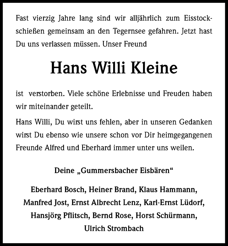  Traueranzeige für Hans Willi Kleine vom 26.03.2016 aus Kölner Stadt-Anzeiger / Kölnische Rundschau / Express