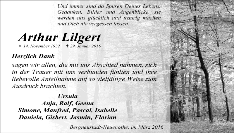  Traueranzeige für Arthur Lilgert vom 02.03.2016 aus  Anzeigen Echo 